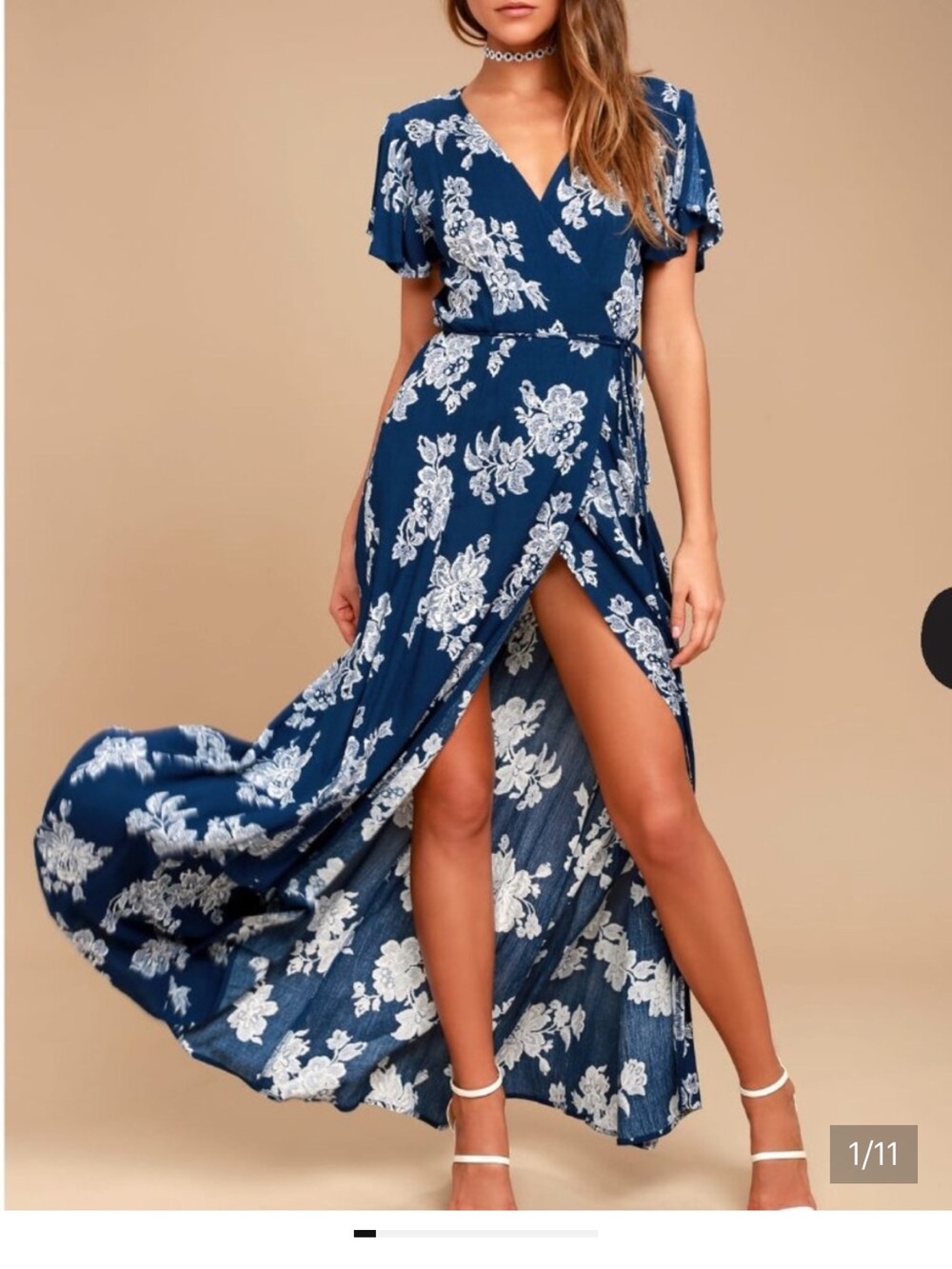 Lulu's Navy Blue Floral Maxi Dress with White Lace Print - Picture 1 of 9